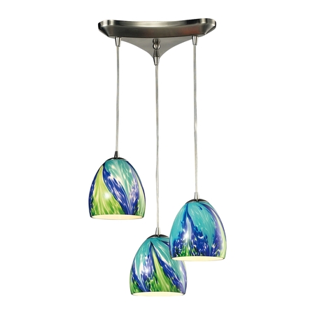 ELK LIGHTING Colorwave 3-Lght Triangular Pndnt SatNickel w/Blue and Green Glass 31445/3TB